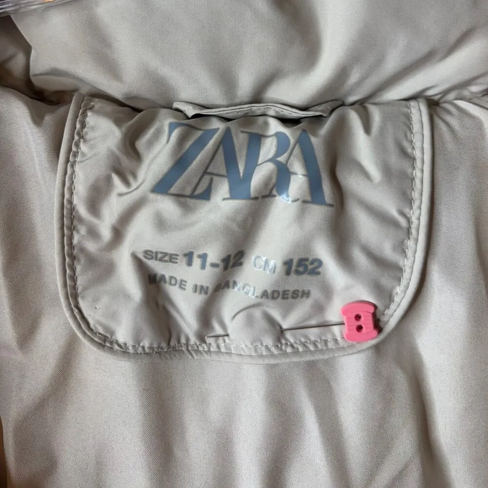 Zara Girls Puffer Jacket with Hoodie Beige Size 11-12
